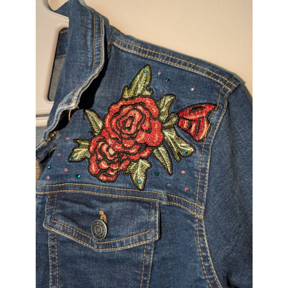 New Look Blue Jean Jacket with Red Rose Embroidery L, women's - Picture 4 of 7